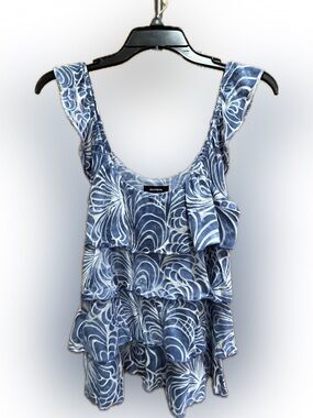 Express Blue & White Floral Ruffle Tier Tank S